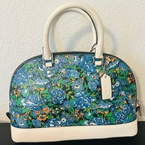 Coach Floral Dome Satchel in Blue, Green and Cream Leather Trim